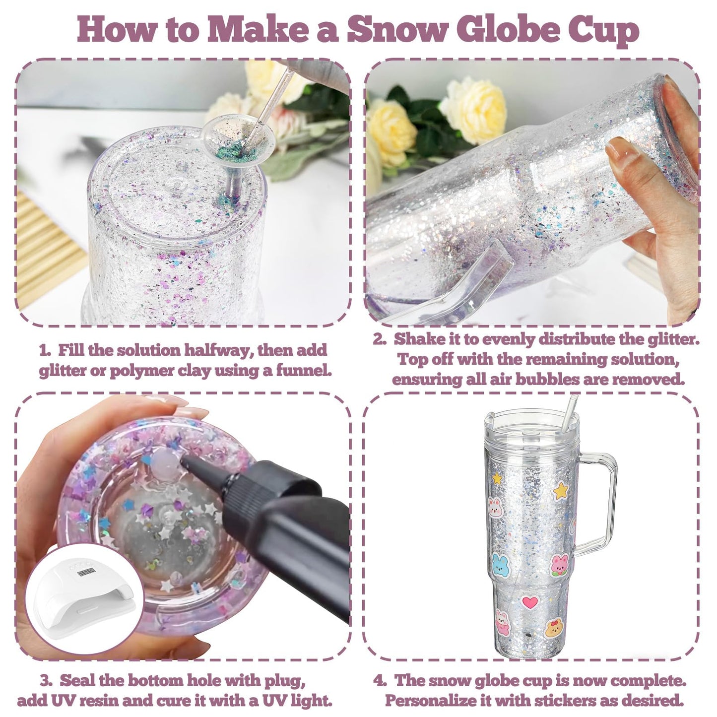 40 Oz Snow Globe Tumbler Supplies 4 Pack Acrylic Snowglobe Tumblers Cups with Handle Clear Pre-Drilled Double Wall Snow Globe Tumbler Starter Kit for DIY Glitter Tumblers