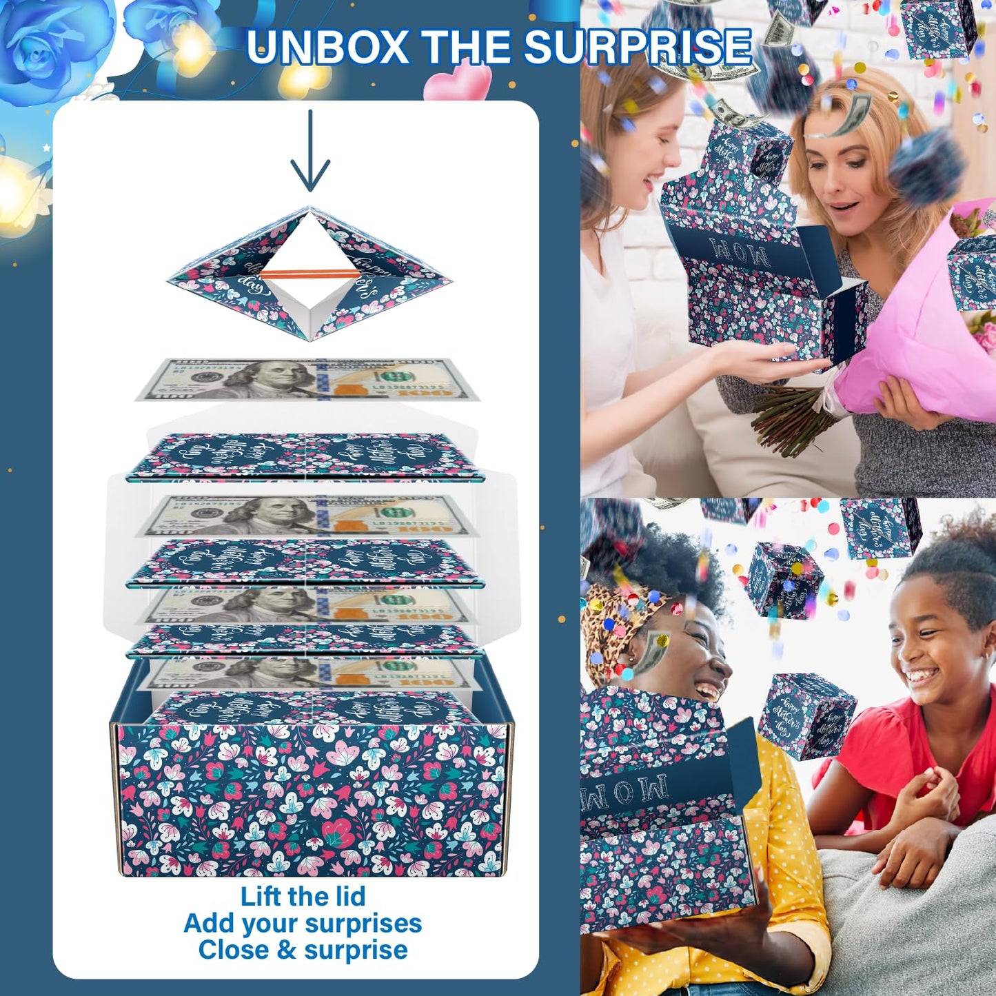 Ranfashiong Mothers Day Surprise Gift Box for Money, DIY Creativity Folding Bounce Explosion Pop Up Cash for Mom, Blue
