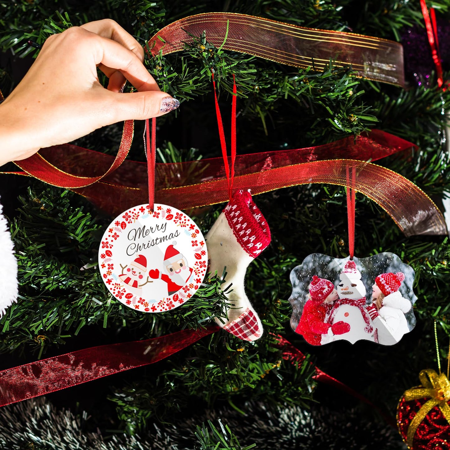 Jenaai 48 Pcs Sublimation Ornament Blanks Double Sided MDF Sublimation Christmas Ornaments Blanks Bulk for Christmas Tree Decor DIY Crafts with Red Ribbon, DIY Handmade Crafts Ornaments(3.15 Inch)