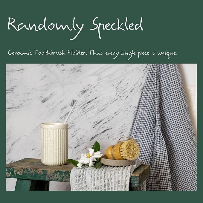 Beige Speckled Ceramic Toothbrush Holder, Rippled Cylinder Tumbler for Bathroom Countertop, Makeup Brush Holder, Pen Organizer, Multipurpose Bathroom Accessory