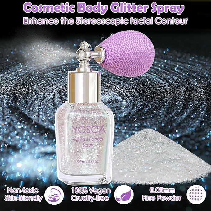Yosca Body Glitter Spray, 30ML Loose Body Shimmer Powder Iridescent Hair Spray White Glitter Sparkle Highlighter Makeup Festival Rave Accessories for Clothes Hair Face Nail Art