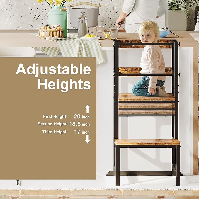 Kitchen Step Stool for Toddlers, Height Adjustable Toddler Tower with Safety Rail, Steel and Wood Toddler Kitchen Stool Helper Kids, Stool for Kids, Learning Tower, Kids' Desk Brown