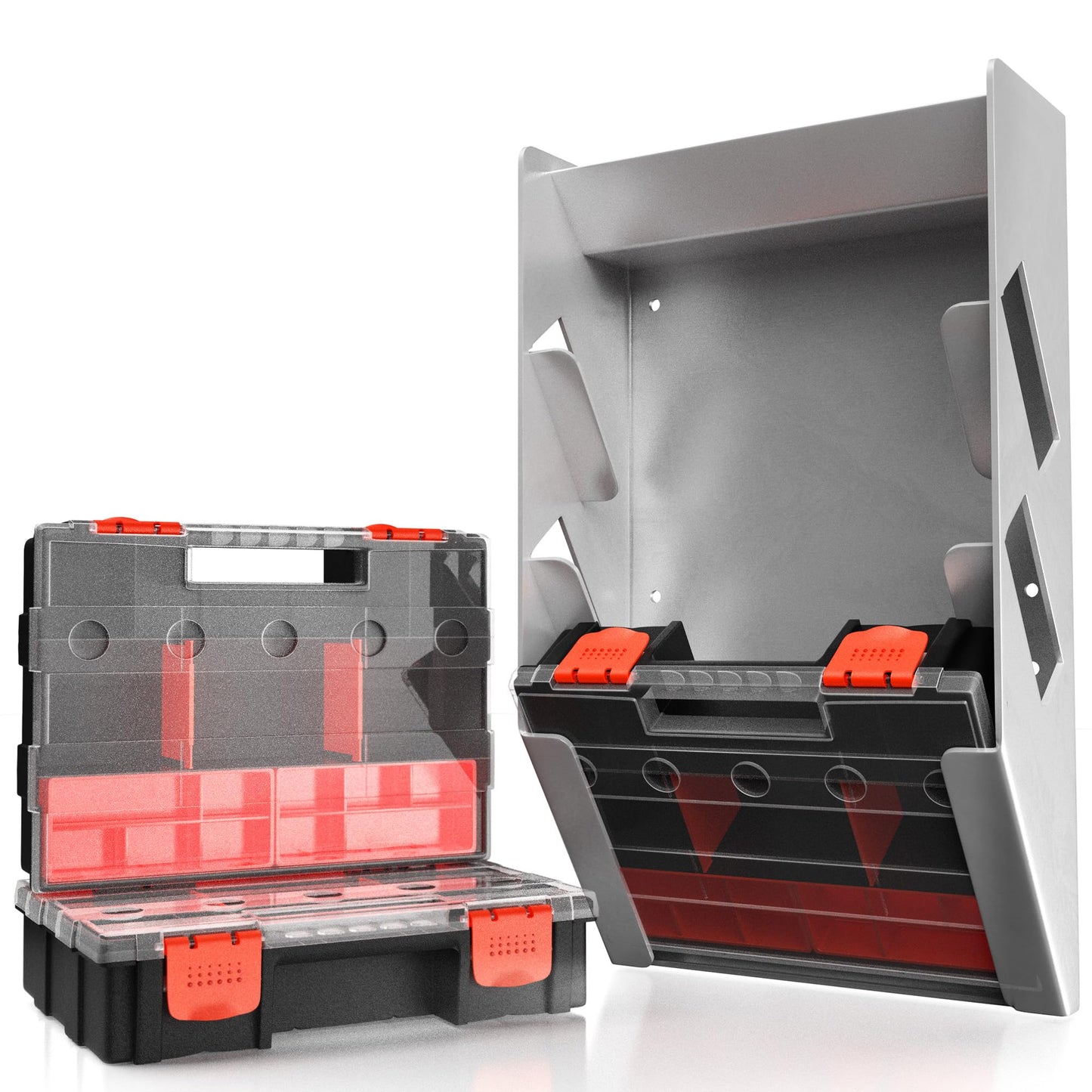 AIYOTAR Hanging Tote Kit for Van Shelving Storage, Work Van Organizers and Storage Boxes, 3 Small Parts Tool Box Organizer 63 Compartments and 1 Metal Hanging Organizer Holder, Van Shelf Accessories