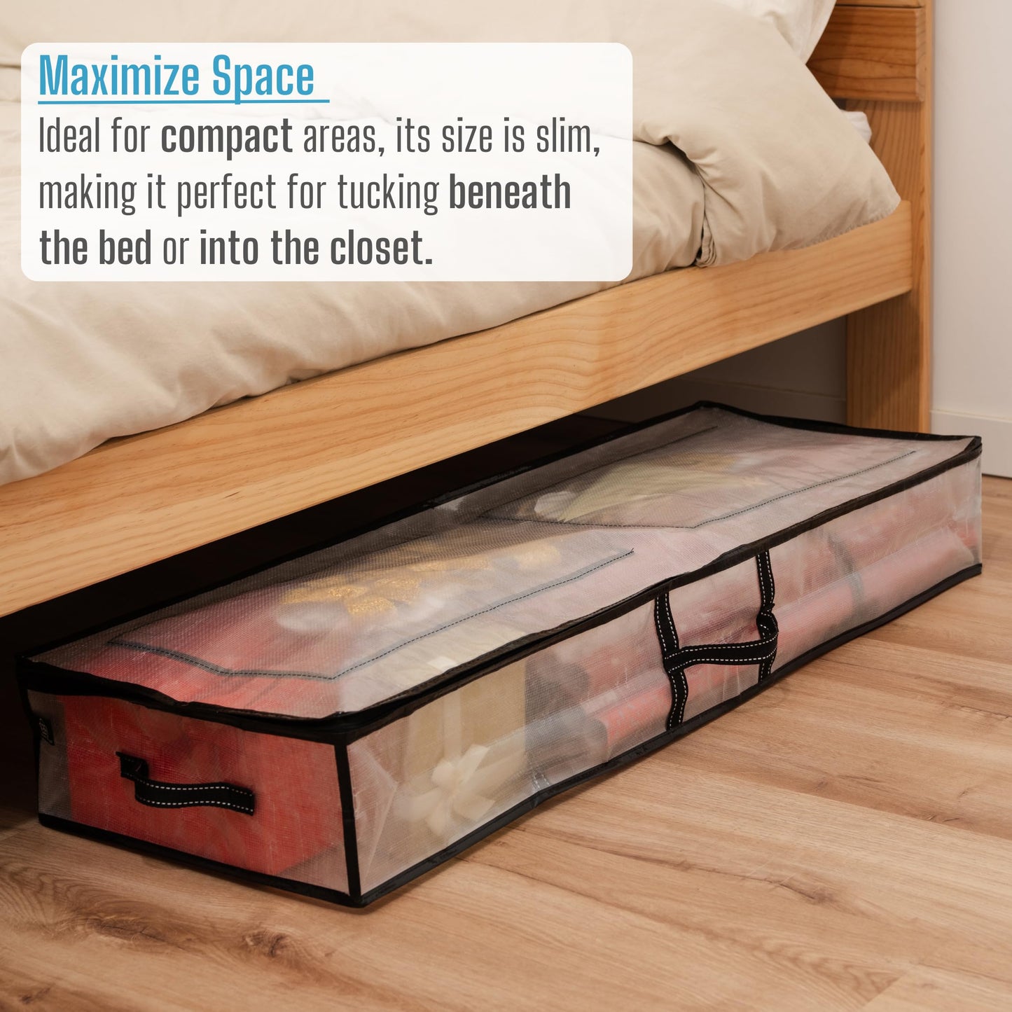 VENO 2 Pack Clear Wrapping Paper Organizer Storage Box for Christmas Gift Bags and Holiday Accessories, Underbed Storage Container with Interior Pockets, 40 Inches Long Fits 24 Rolls (2 Pack)
