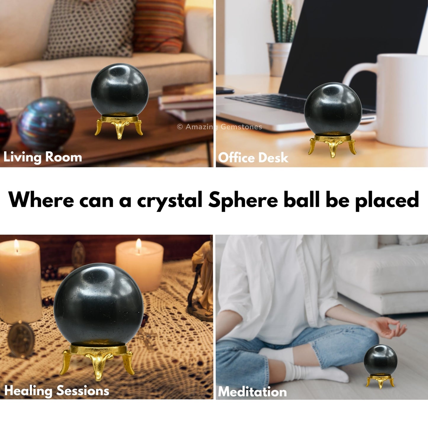 Amazing Gemstone Hematite Crystal Ball with Stand - 2 Inches Crystal Sphere Meditation Balls for Witchcraft and Decorative Balls