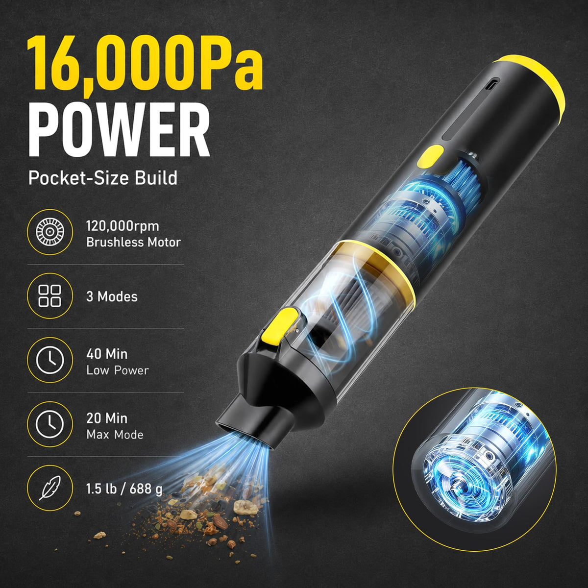 Handheld Car Vacuum Portable Cordless 3 Suction Modes