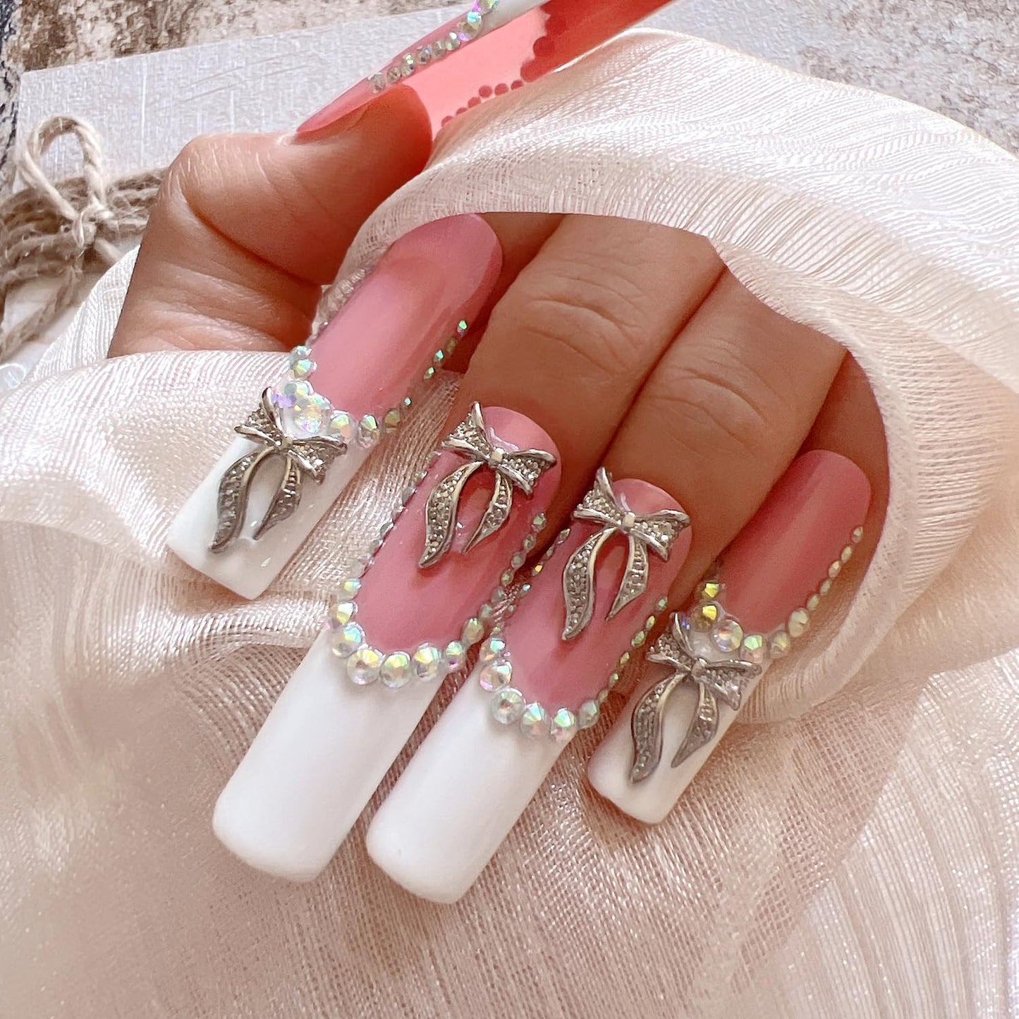NAIL ANGEL 10PCS/SET Glamorous Handmade Press on nails Glitter Rhinestone with Metal 3D Bow Charms Long Coffin Nails Party Nails XXL Long Artifical Tips ZJ-08 (Multi-Color, ZJ-08-S)