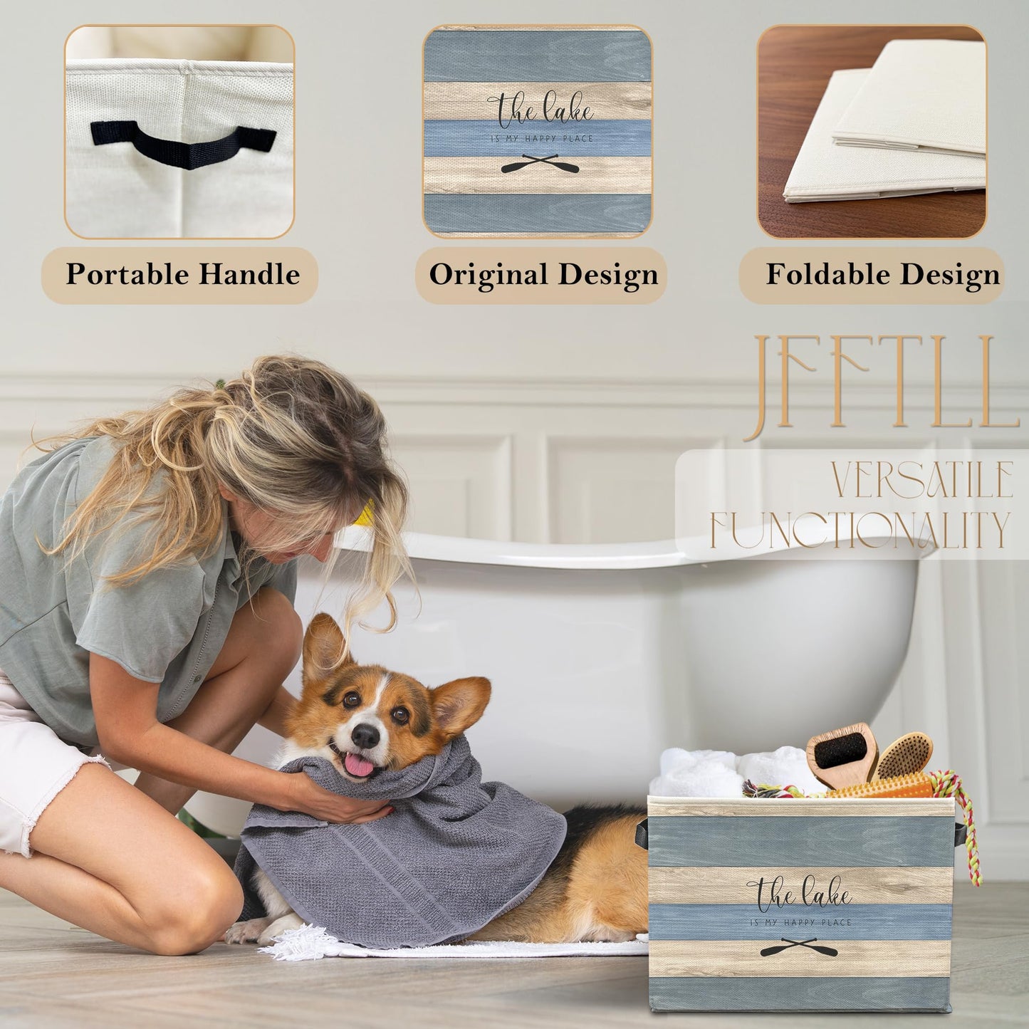 JFFTLL Lake House Storage Bins with Handles, Gifts for Lakes Lovers, the Lake Is My Happy Place Collapsible Laundry Basket Storage Box for Home Bedroom Bathroom Clothes Toys Books