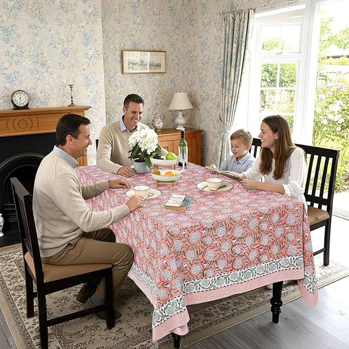 Ridhi Hand Block Print Dark Salmon Pink Rectangle Cotton Tablecloth 160" x 72" Reusable Table Cover Decorative Everyday Use for Dining, Farmhouse, Home Gift for Spring, Easter, Valentine