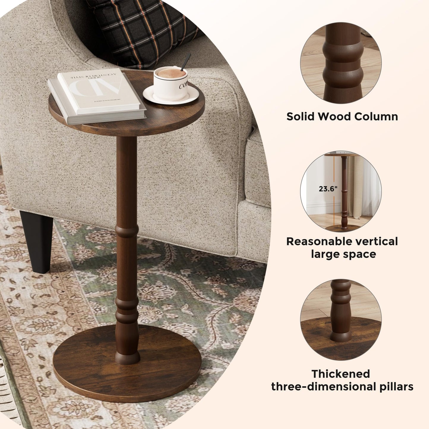 Homleke 12" Round Side Table, Solid Wood Pillar with Wood Top & Base, Small Drink Accent Table for Living Room, Bedroom, Sofa & Office, Easy Assembly, Rustic Brown