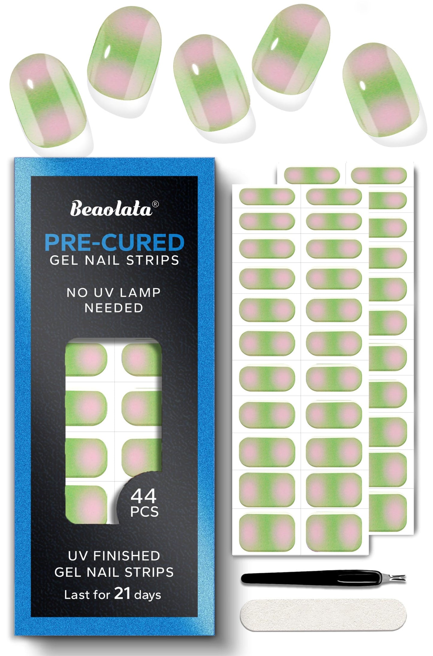 Beaolata Real Gel Nail Strips (No UV Light Needed) - 44Pcs Salon Quality Nail Stickers - Long Lasting Polish Wraps for Women, Easy Apply & Remove (Morning Meadow Green)