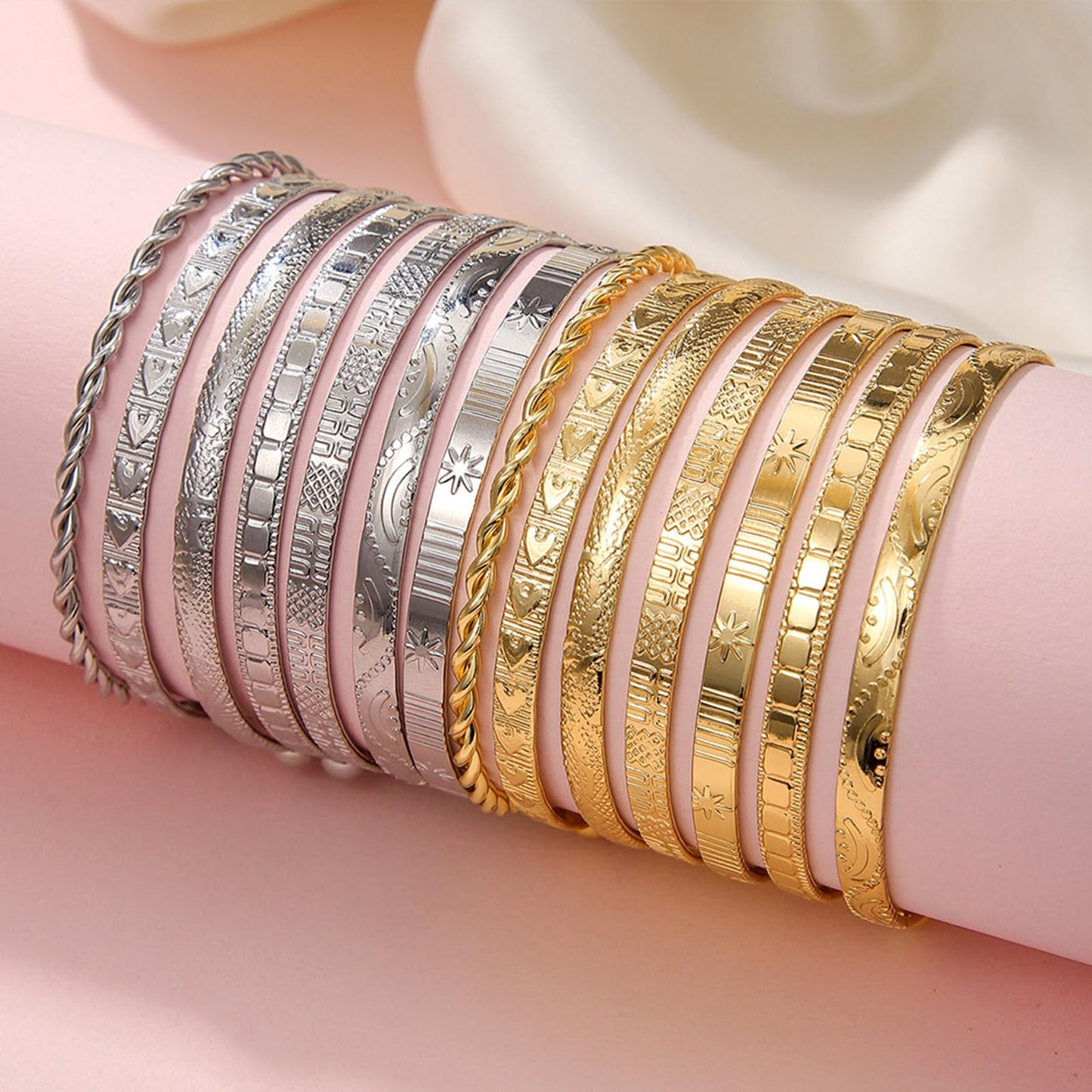 IFKM Silver Bangles Bracelets For Women, Silver Plated Multi Layer Stackable Cuff Bracelet Set, Trendy Elegance Charms Non Tarnish Minimalist Textured Boho Jewelry Gift for Women