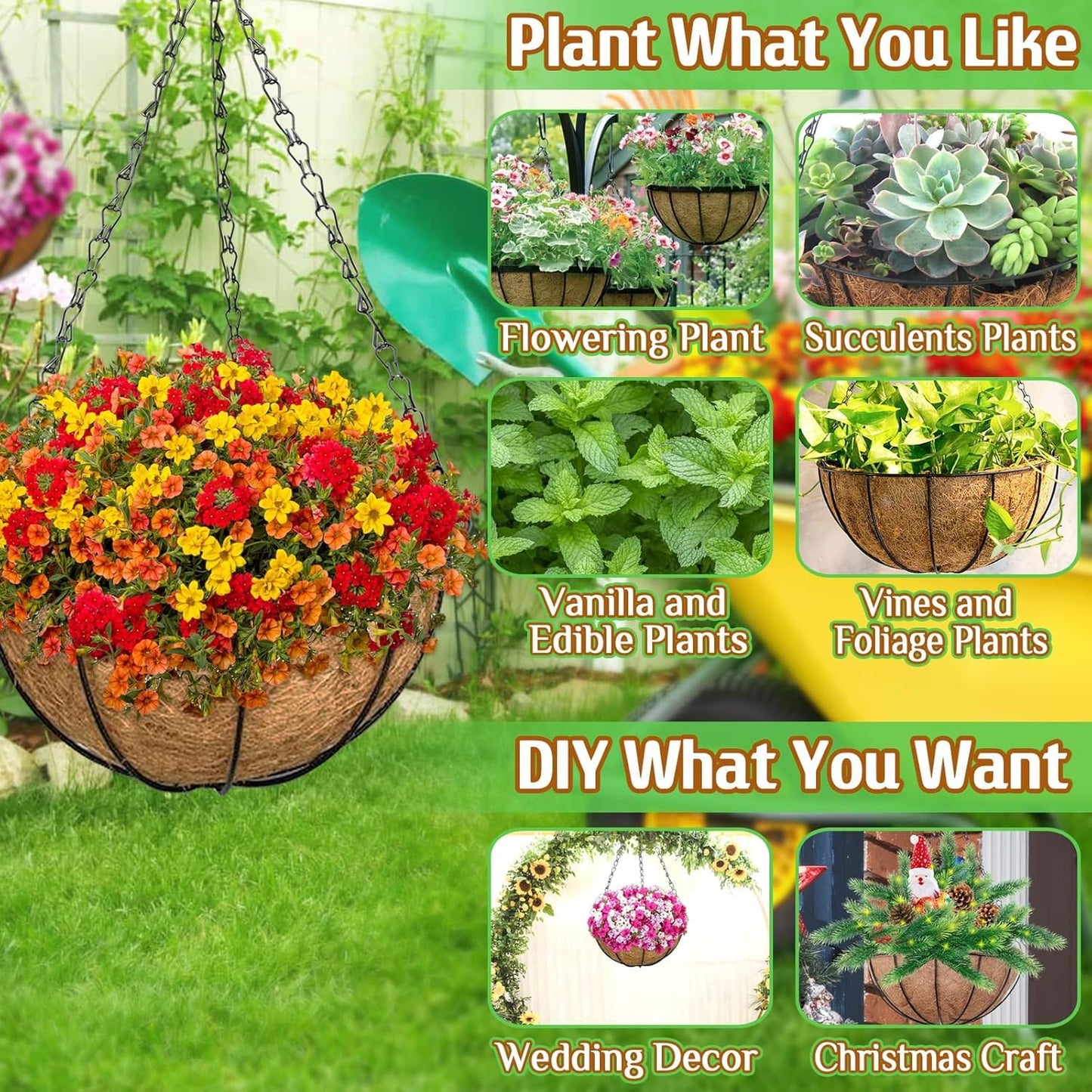 ZeeDix 2 Pack 18 Inch Large Hanging Baskets for Plants Outdoor with Coconut Liners Replacement, Hanging planters Baskets with Natural Coco Liner for Outdoor Indoor Planters Flowers Vegetables
