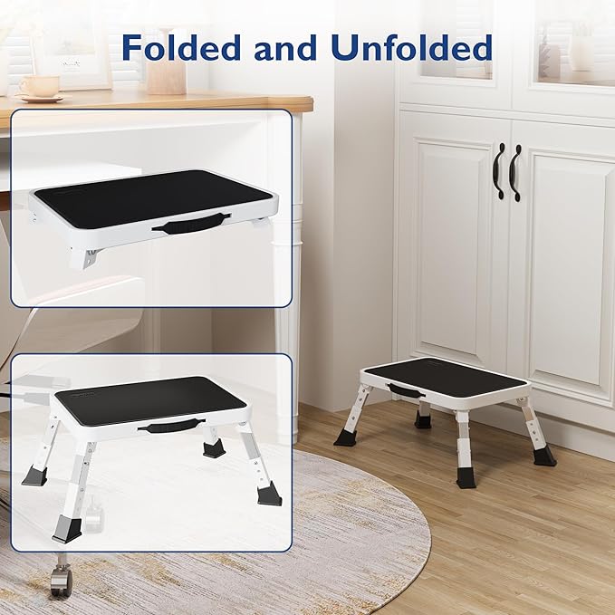 BONTEC Folding Step Stool, 3-Level Adjustable Metal Step Stool with Anti-Slip Pedal and Locking Legs, 330lbs Heavy Duty Folding Foot Stool, Portable Stepping Stool for Kids, Kitchen, Home, Office