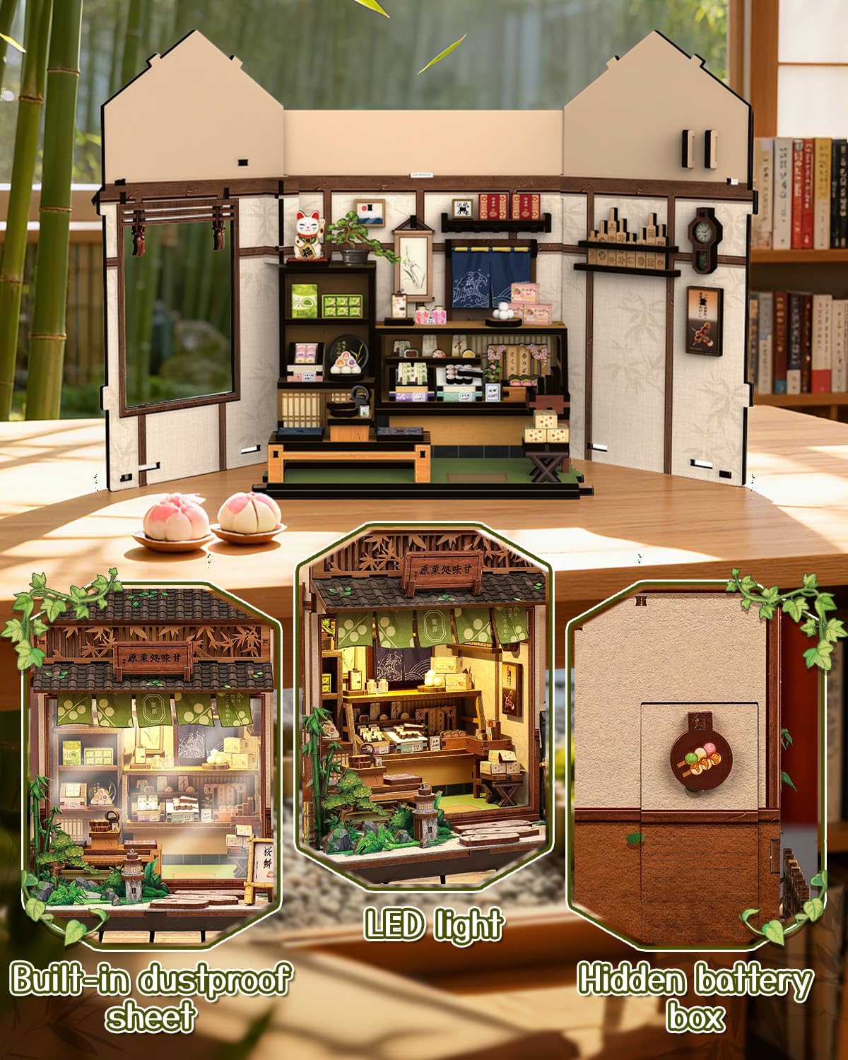 Endless Limit Book Nook Kit - DIY Miniature Japanese Wagashi Shop, 3D Wooden Puzzle Dollhouse with LED Lights, Tiny Bookend & Creative Bookshelf Decor, Craft Gift for Adults, Teens & Book Lovers