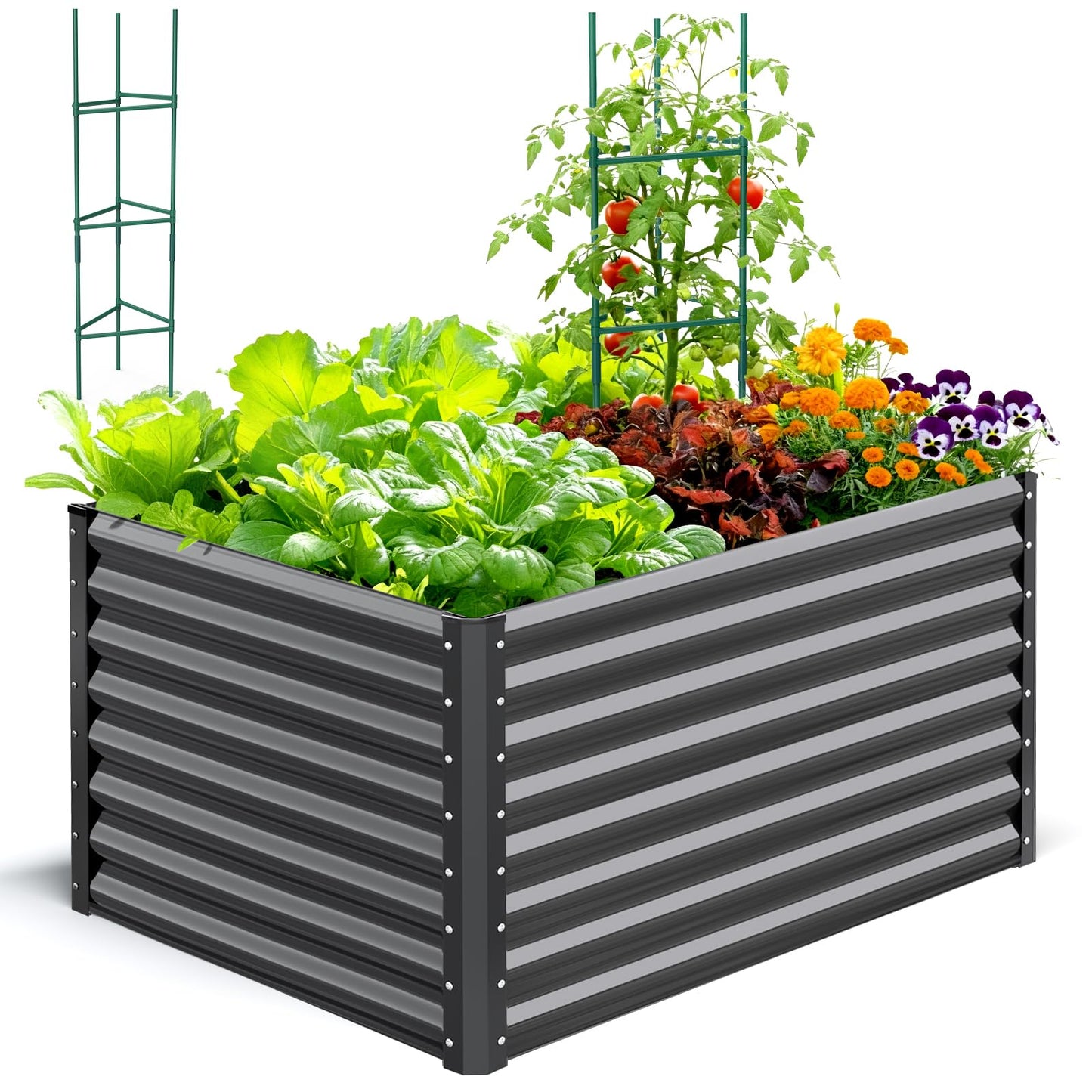 Quictent Galvanized Raised Garden Bed 4x3x2ft Tall Garden Bed Extra Height 22.4" Hold 24cft Soil Outdoor Heightened Planter Box for Deep Root Vegetables Herbs Tomato Cage Included, Dark Grey