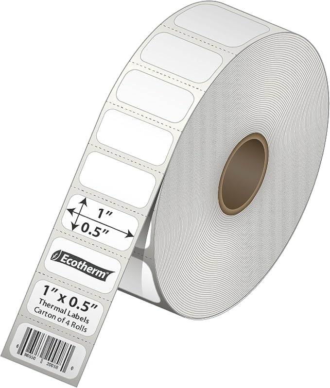 1" x .5" Thermal Labels | 4 Rolls | 9800 Labels | fits Zebra, Godex, Arkscan, iDPRT, Offnova Thermal Label Printers and More | Blank White Adhesive Stickers by Ecotherm