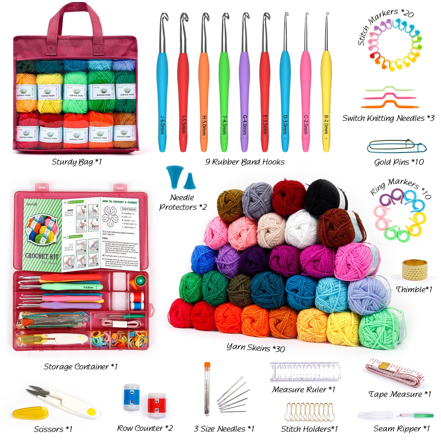 INSCRAFT Crochet Yarn Kit for Beginners Adults, Includes 1650 Yards 30 Colors Acrylic Skeins, User Manual, Hooks, Wine Bag etc, Make Amigurumi & Projects, Starter Set Professionals