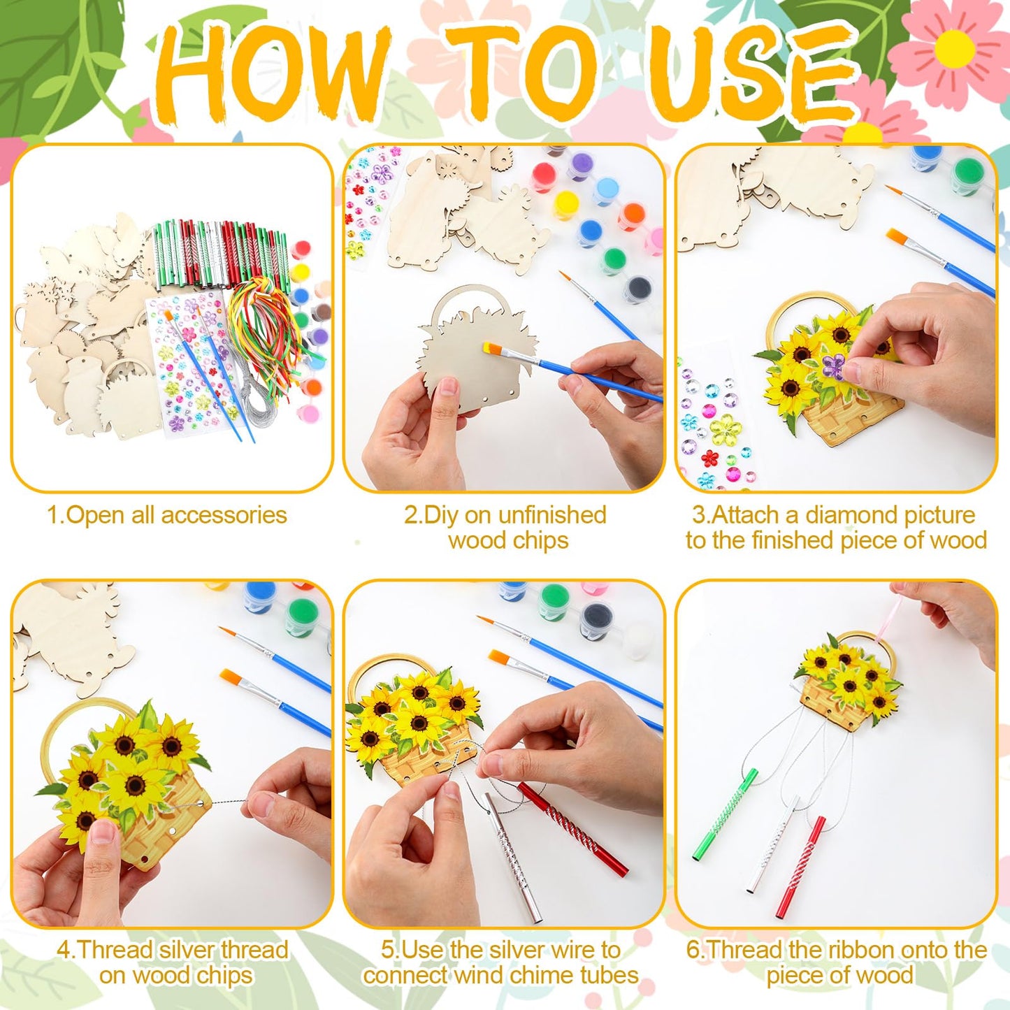 JellyArch 30 Pack Summer Sunflower Wind Chime Making Kit, Make Your Own Butterfly Gnome Wind Chime Wooden Spring Ornaments for Adults DIY Crafts Activity Birthday Decoration