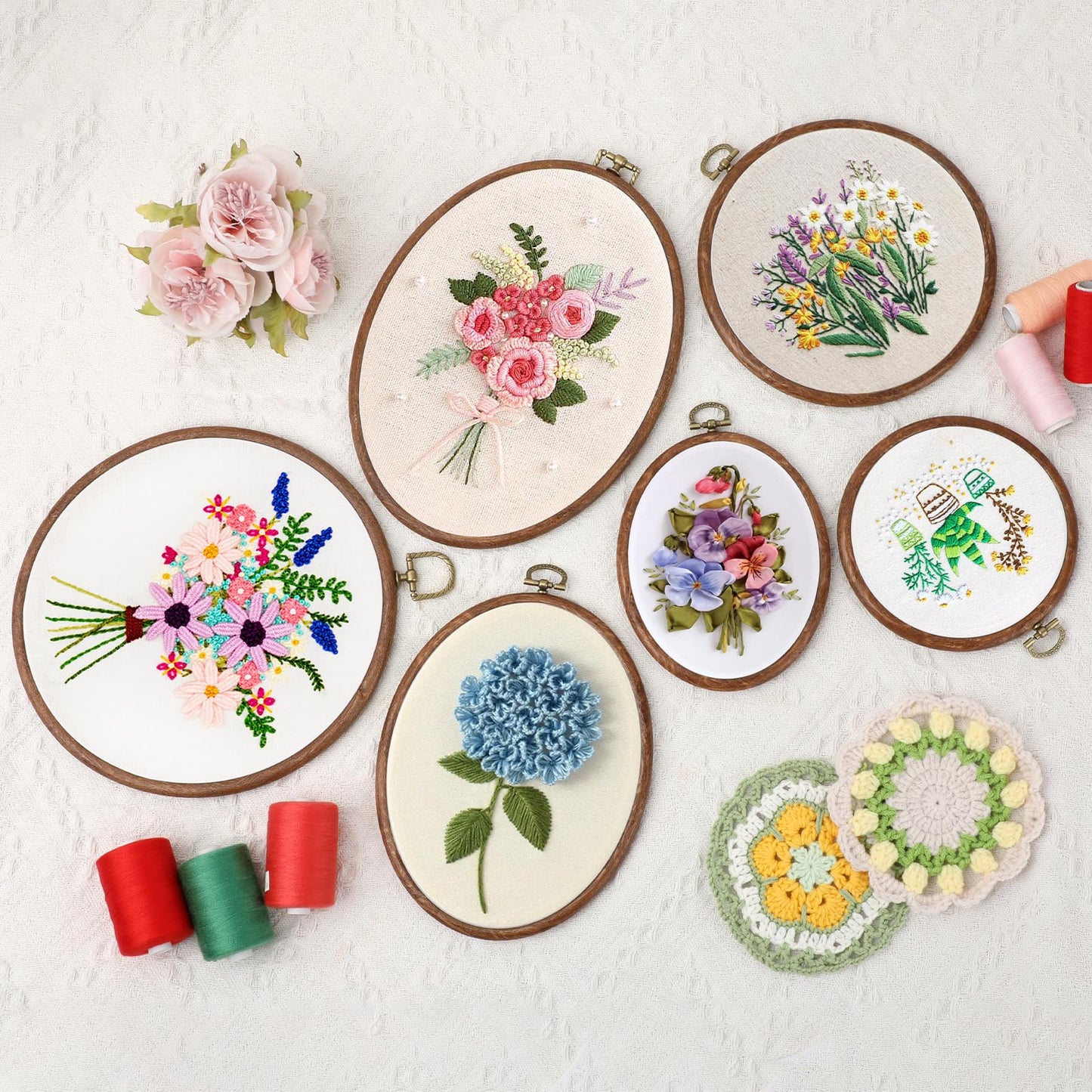 OwnMy 6PCS Embroidery Hoops with Hanging Rings - Decorative Imitated Wood Embroidery Hoop Frames for Display, 3 Oval and 3 Circle Cross Stitch Hoops for DIY Sewing Crafts