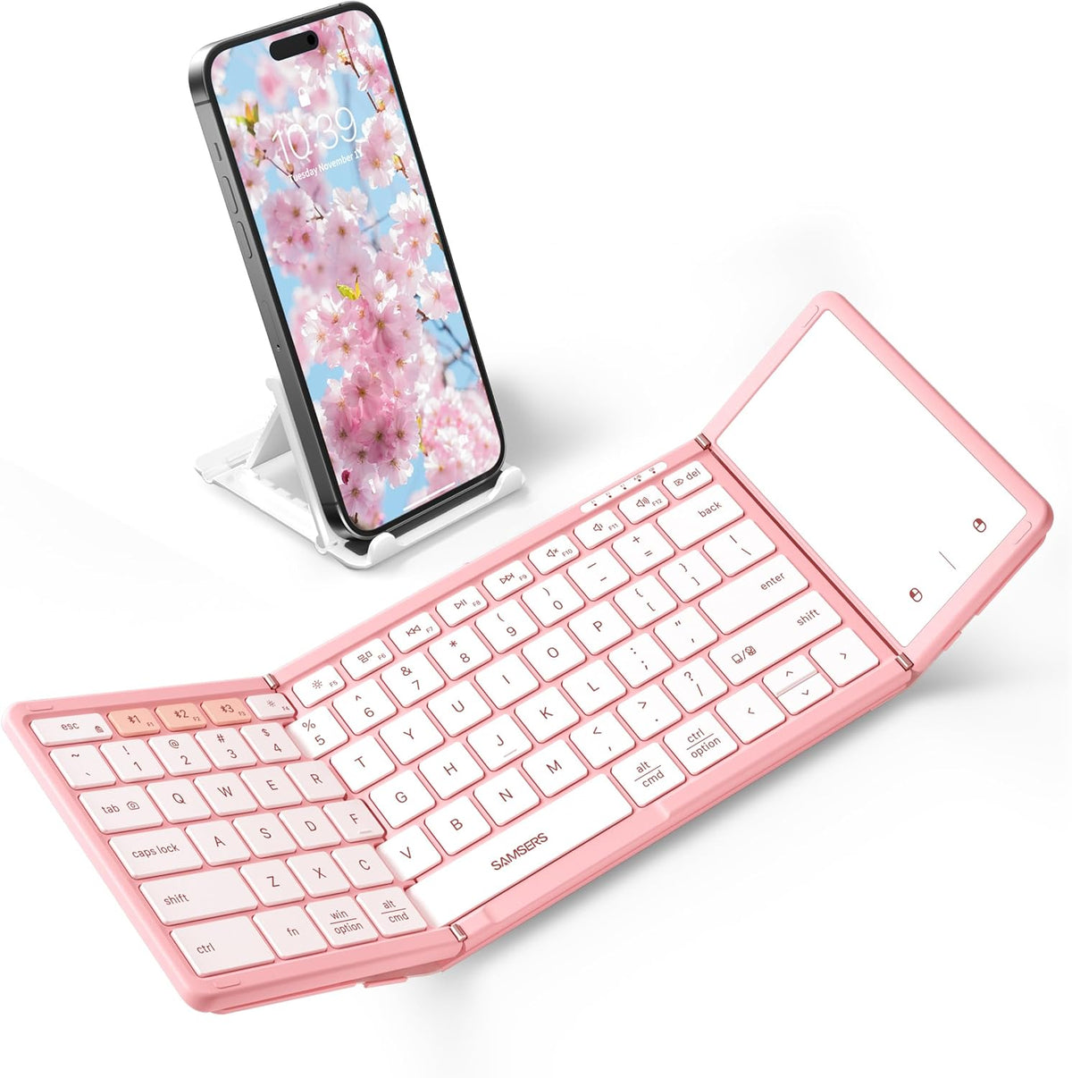 Samsers Foldable Bluetooth Keyboard with Touchpad, Full-Size Wireless Portable Travel Folding Keyboard for iOS Android Windows Mac OS, Support 3 Devices (BT5.1 x 3), Pink