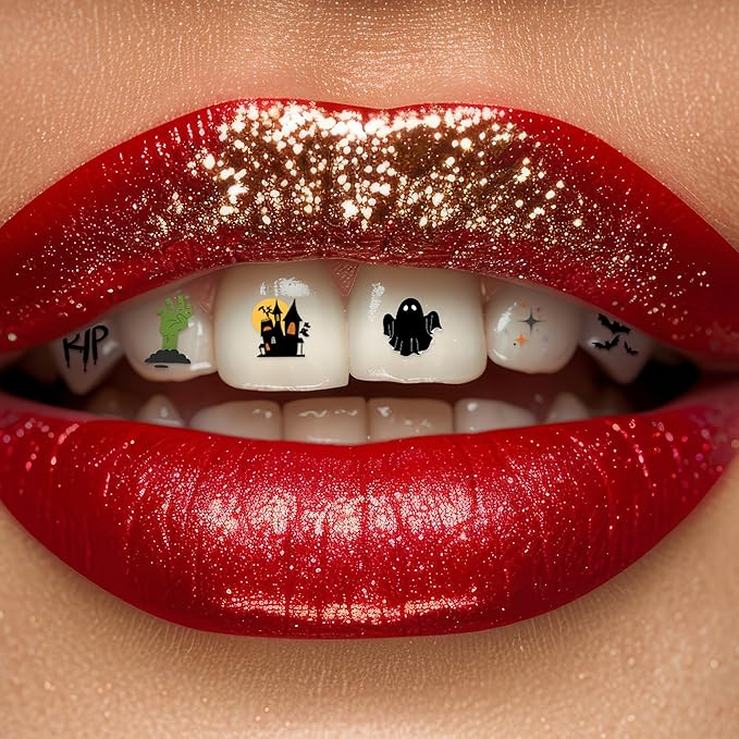 Halloween Tooth Bling Tattoo – Temporary Tooth Gem Kit for Teeth – Safe for Teens & Adults, Removable Fun Fake Tooth Tattoo Stickers for Halloween Costume, Party & Cosplay (Scary)