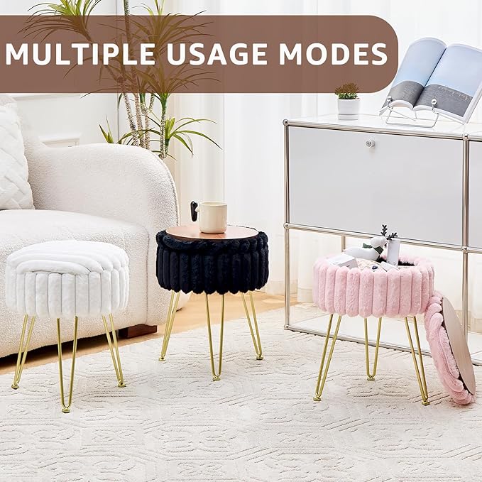 Wimarsbon Vanity Stool with Storage, Faux Fur Ottoman Chair with Metal Legs, Round Makeup Vanity Chair for Bedroom or Dressing Table, Modern Small Ottoman Seat (Black)