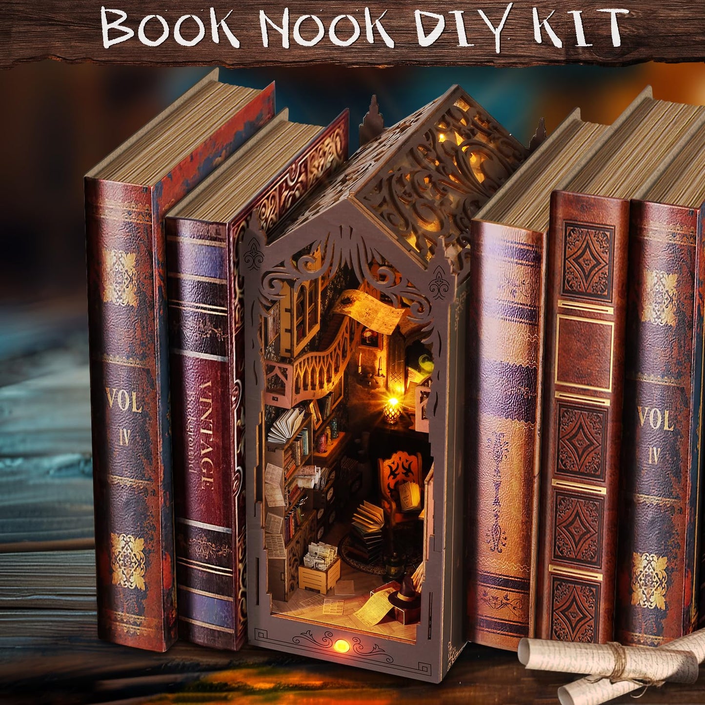FASTSPOK DIY Book Nook Kit: 3D Wooden Puzzle Shelf Insert with LED Light - Miniature Dollhouse Bookend Decor for Adults and Teens - Creative Gift