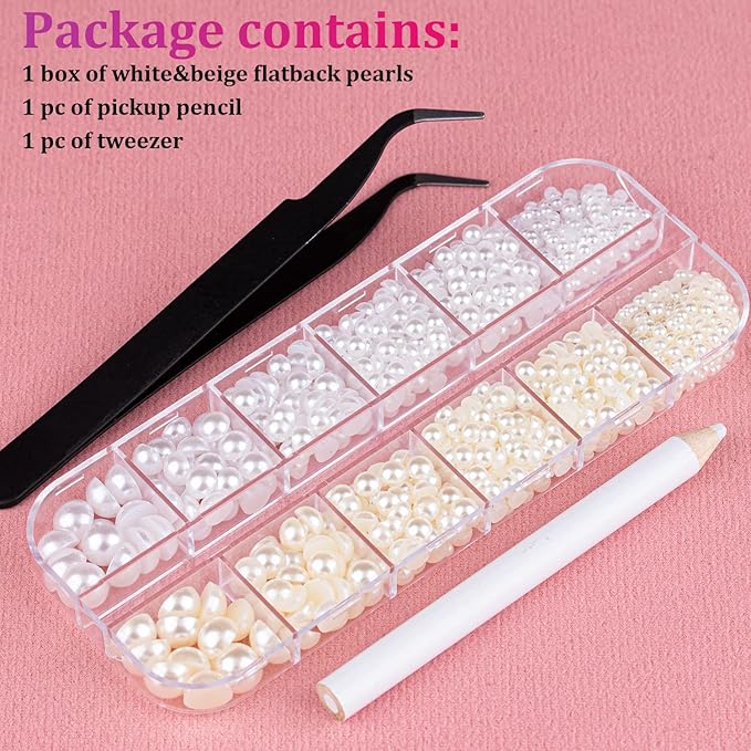 Belleboost Flat Back Pearls Kits 1 Box of Flatback White&Beige Half Round Pearls with Pickup Pencil and Tweezer for Home DIY and Professional Nail Art, Face Makeup and Craft