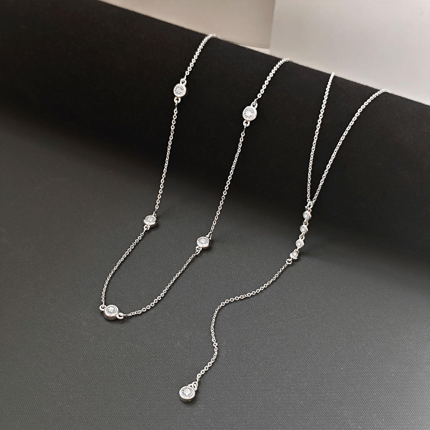 Airmb Long Silver Necklace for Women- Dainty Silver Drop Lariat Necklace Trendy Layered Simple CZ Y-Shaped Body Chain Stack Wedding Prom Dangle Statement Necklace Jewelry Gifts