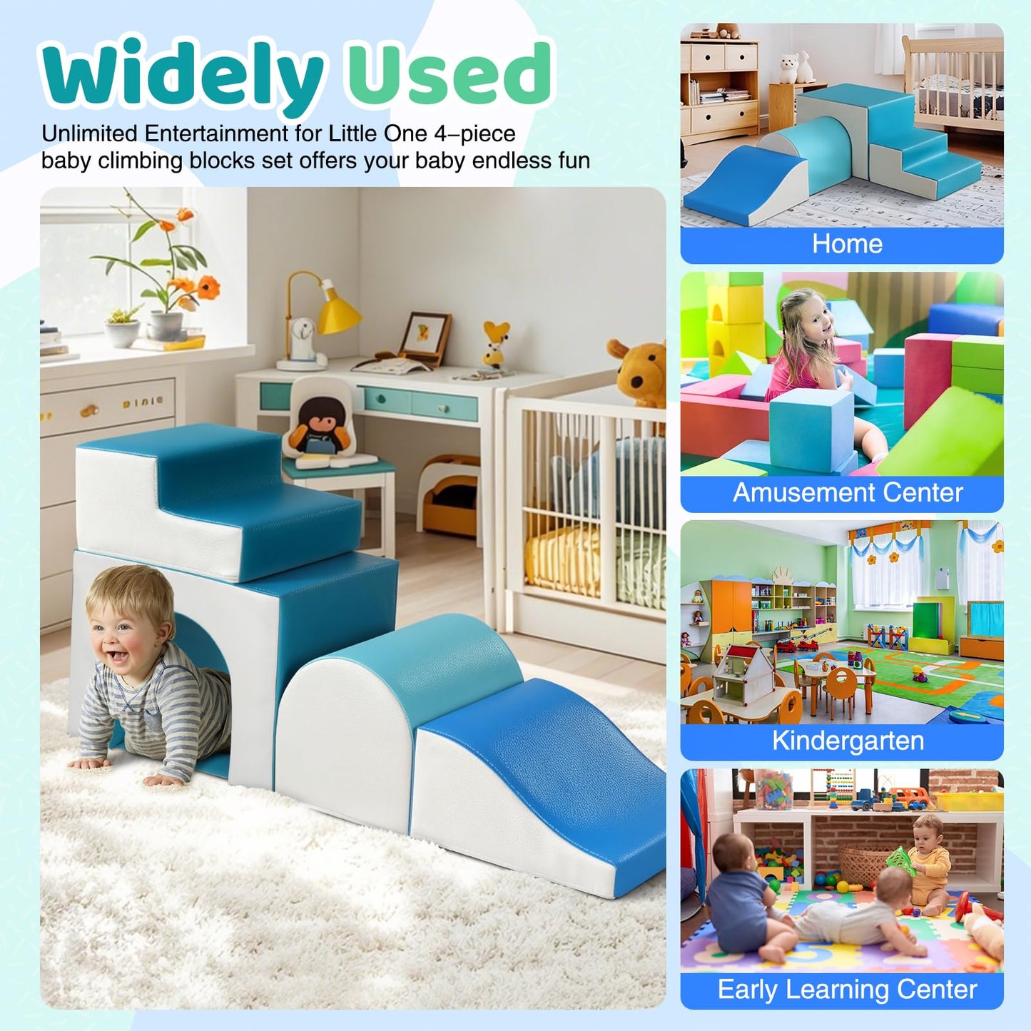 Sumbababy Foam Climbing Blocks for Toddlers: with a Tunnel - 4 PCS Foam Blocks - Kids Indoor Climbers Play Structures Play Gym Soft Climber with Slide and Stair Soft Playground Green