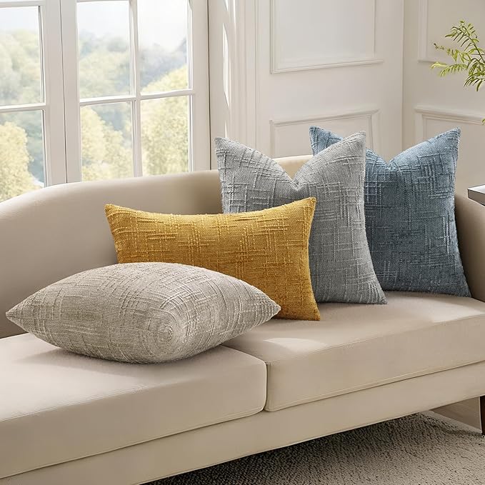 decorUhome Neutral Grey Chenille Throw Pillow Covers 24x24 Set of 2 Thick Textured Slubby Couch Pillow Covers Farmhouse Accent Modern Neutral Decorative Pillow Cases for Bed Sofa Living Room
