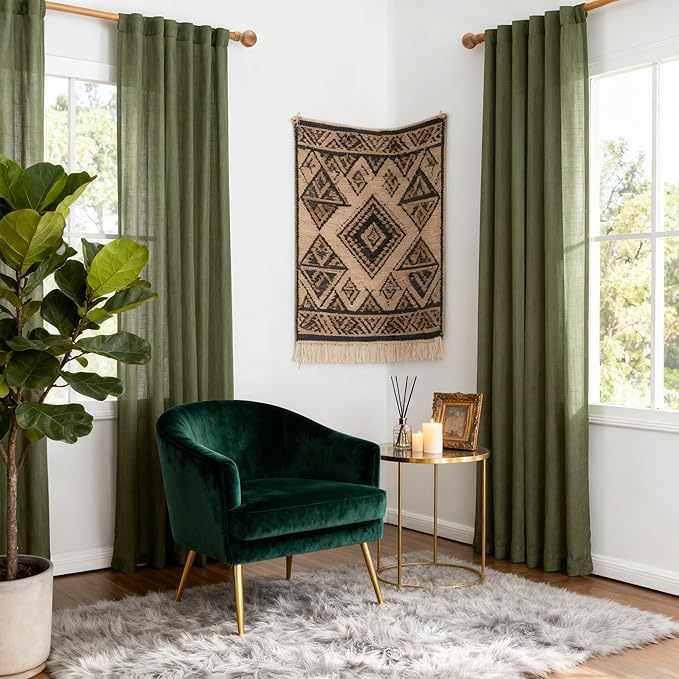 MYSKY HOME Living Room Curtains 90 Inches Long Farmhouse Light Filtering Privacy Curtain Drapes for Patio Door, Linen Look Texture Fabric Bohemian Draperies Soft Touch, 50x90, Olive Green, 2 Pieces
