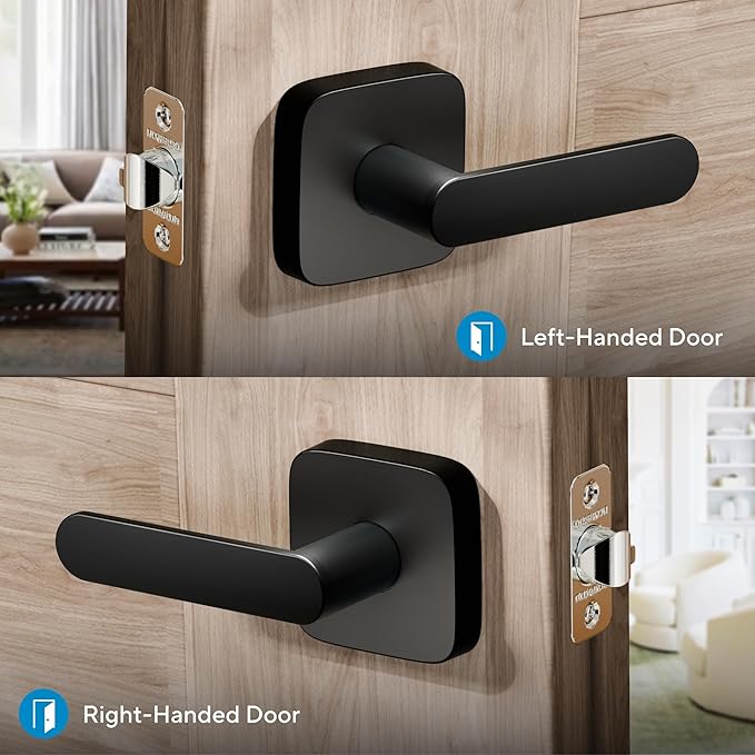 ULTRALOQ Passage Lever Door Handle, Reversible Black Front Door Handle No Lock for Interior or Exterior Door, Closet, Hallway, Adjustable Latch Backset, IP65 Waterproof, Matte Black
