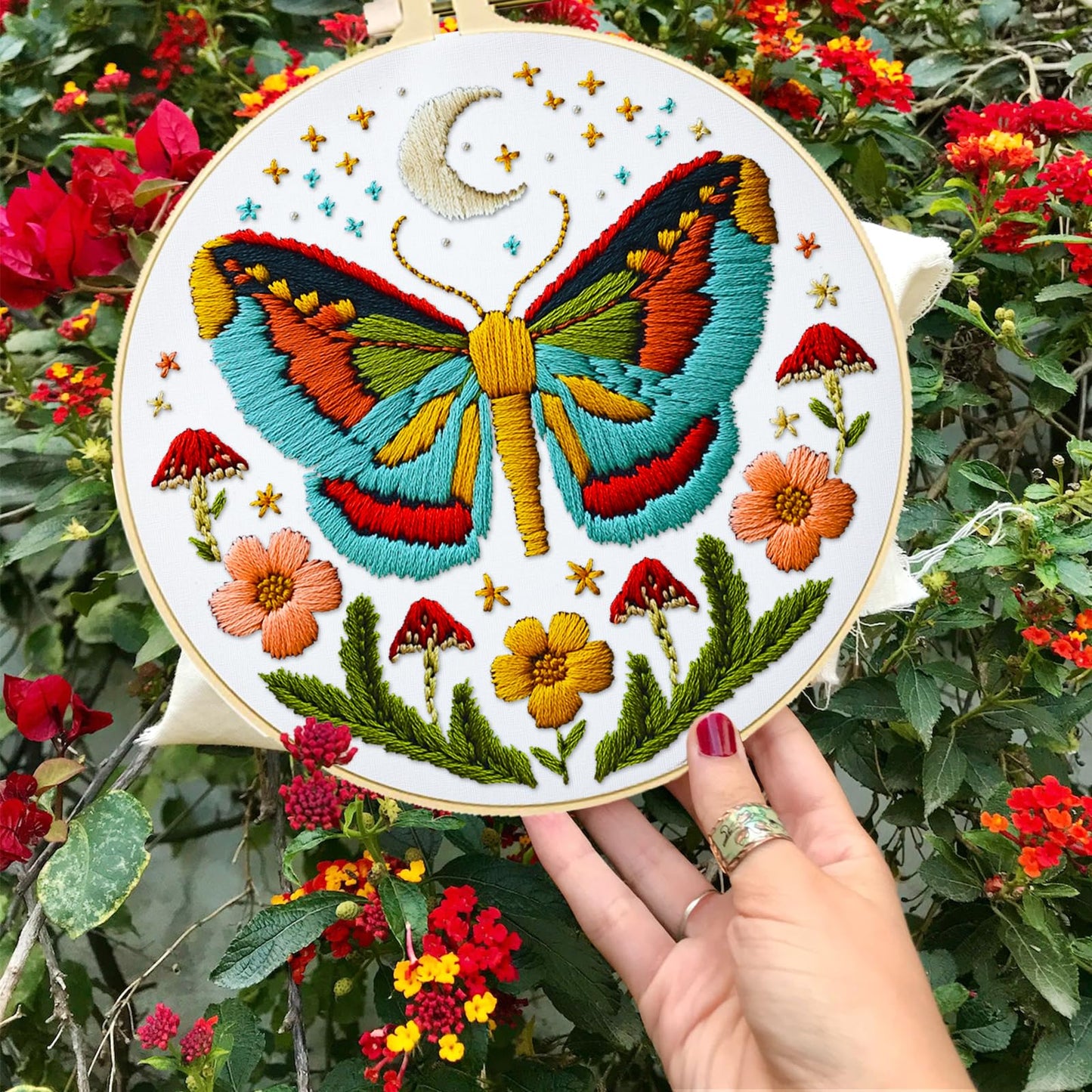 INFUNLY 4 Sets DIY Insect Pattern Embroidery Kits for Starter 11.8"×11.8" Flowers Plants Embroidery Hoop kit Handmade Bees Embroidery Kits Moth Needlepoint Kit with Instruction for Adults Beginners