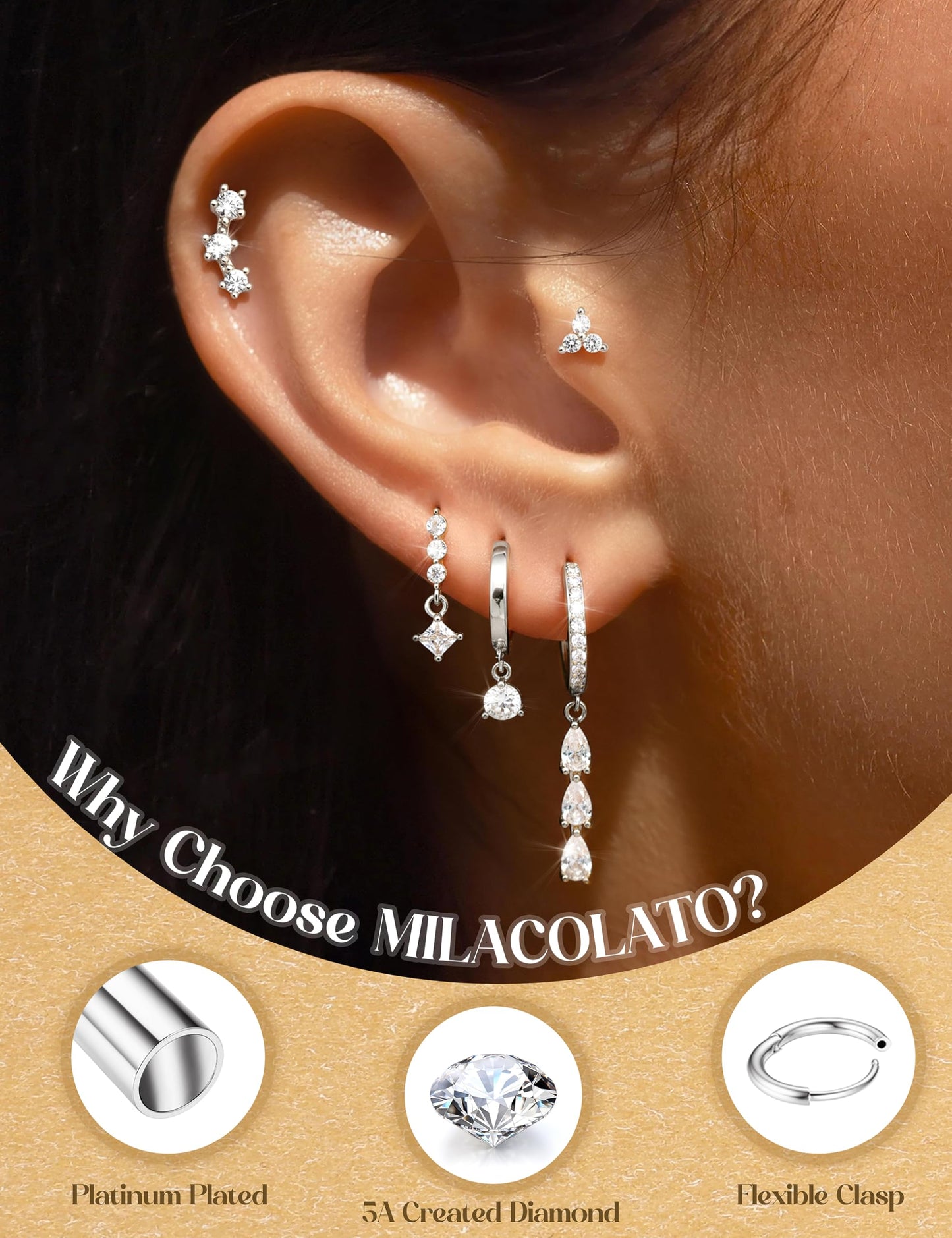 MILACOLATO 5Pairs 925 Sterling Silver Earrings for Women Platinum Plated Stud Huggie Hoop Earrings Sets for Multiple Piercing Hypoallergenic CZ Cartilage Earrings Stacks Trendy Gifts