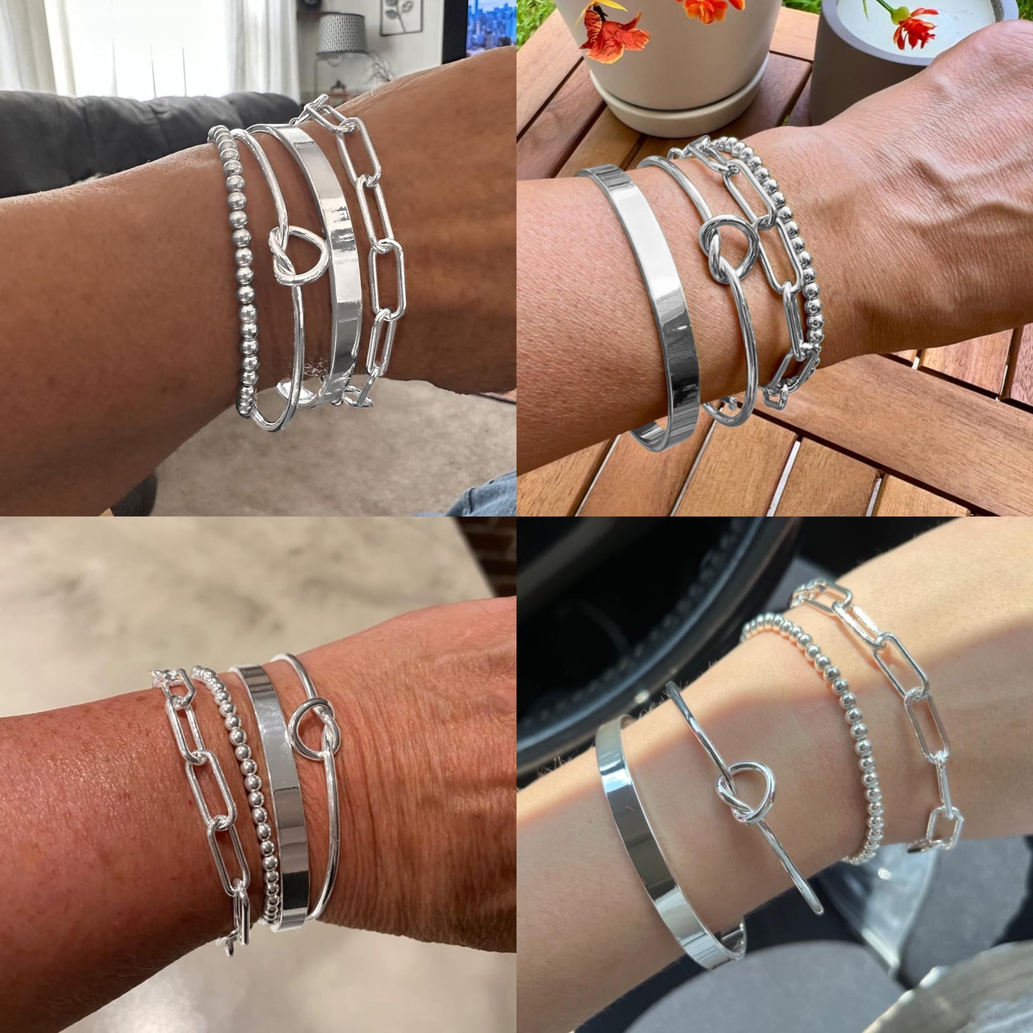 Reoxvo 925 Sterling Silver Plated Bracelets Jewelry for Women Stack Silver Bangle Cuff Bracelet Set for Women