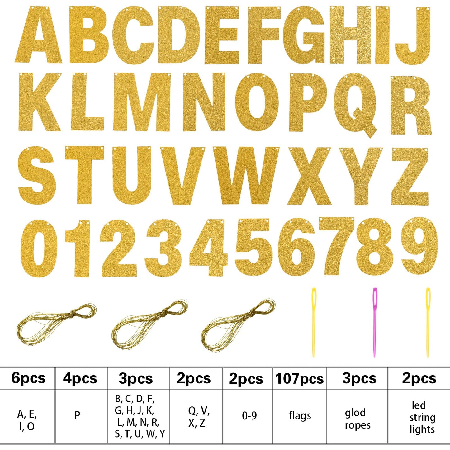 TaoBary 112 Pcs DIY Letter Kit Glitter Customizable Banner Letters Include 107 Letters and Numbers 3 Rope and 2 Needles for Birthday Halloween Christmas Wedding Valentine Party Decor(Gold)