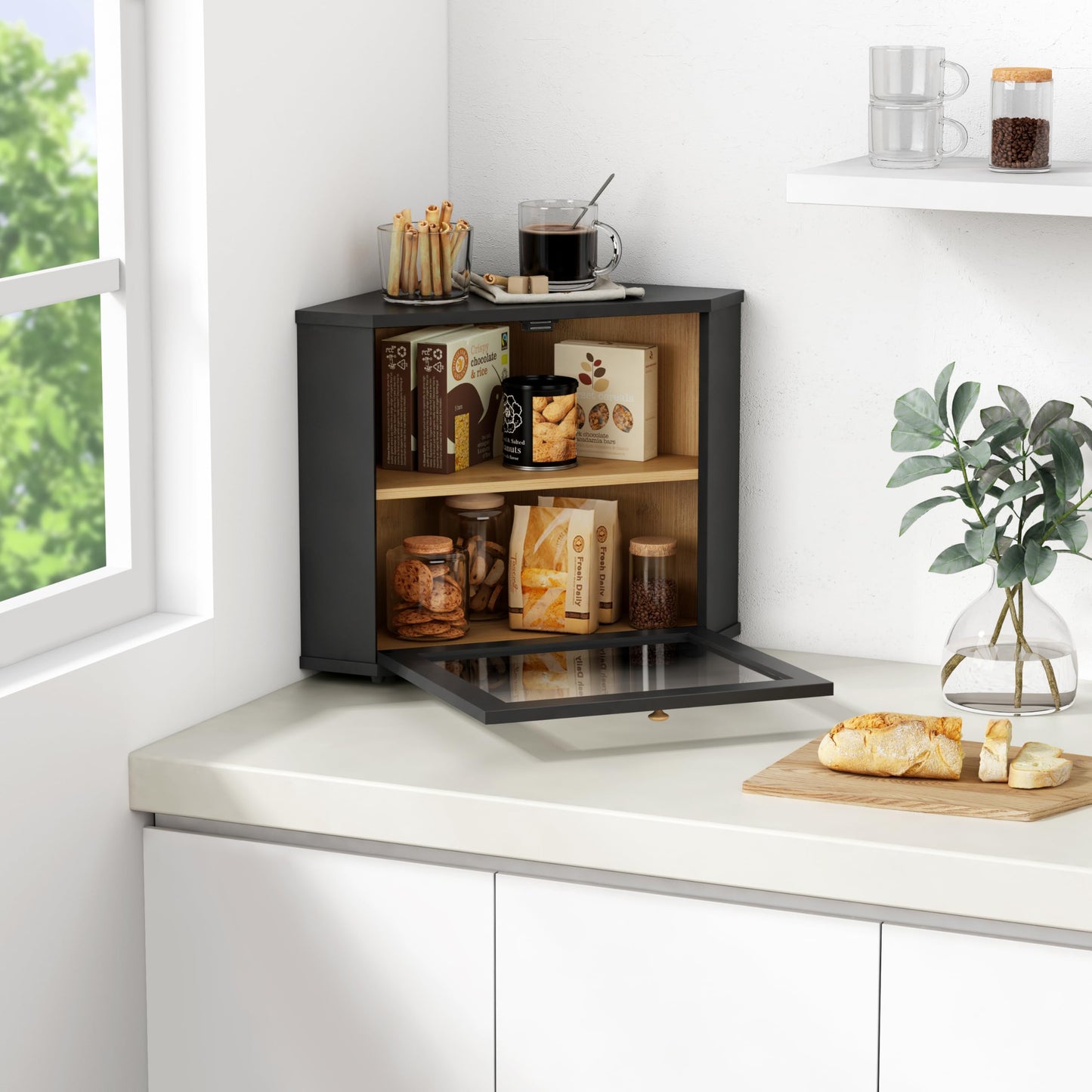 Goozii Corner Bread Box for Kitchen Countertop, Black Bread Storage Container for Homemade Bread, Two Layer Breadbox under Cabinet Mount, Large Bread Holder for Kitchen Counter, Pantry Shelf