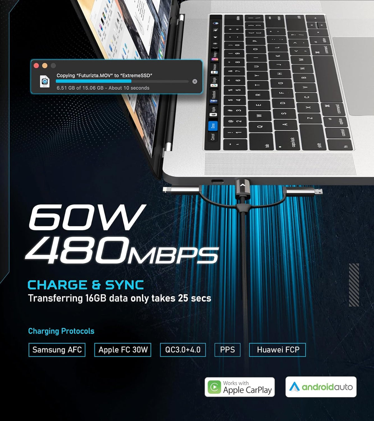 Futurizta Tech [Upgraded] Zeus-X 6-in-1 Universal Multi Cable (6.6ft/2m) Fast Charging 60W Laptop PD, QC3.0 & 27W iPhone Fast Charging & Data Sync, Military Grade Braided with Cable Organizer Strap