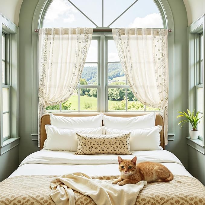 jinchan Winslow Linen Curtains 54 Inch Length Small Window Curtains Embroidered Bordered Floral Drapes Light Filtering for Bathroom Laundry Room Kitchen Farmhouse Decor Sage on Beige 2 Panels
