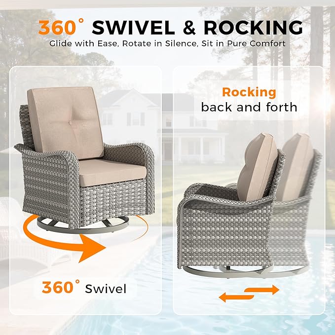 10-Seat Modern Patio Furniture Set with Swivel Rocking Chairs, Thick 4″ Cushions, Dual-Strand Wicker Rattan, Rust-Resistant Steel Frame – Outdoor Conversation & Modular Sectional,Beige