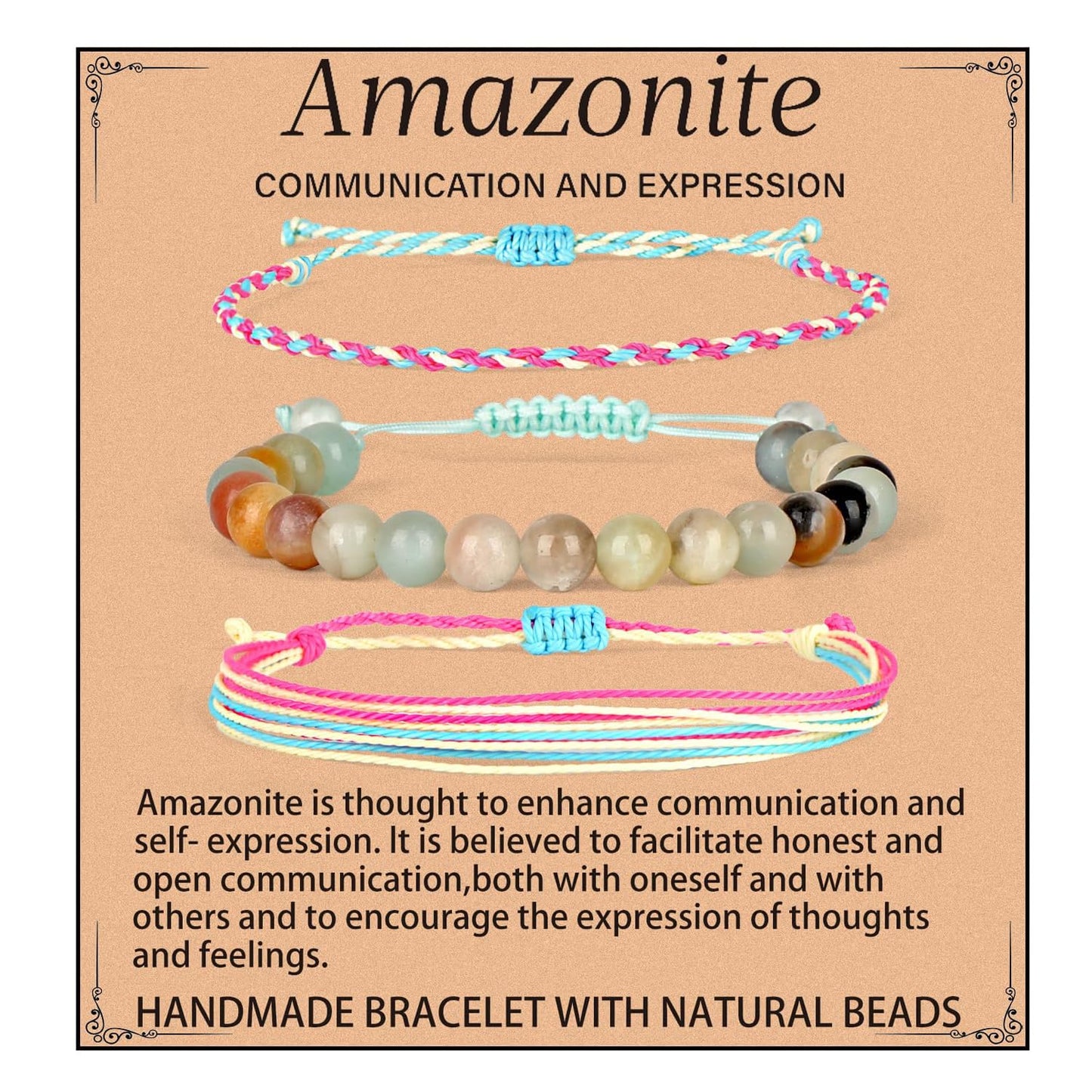 QOGIR Handmade Healing Stones Bracelet,8mm Natural Multi Color Amazonite Gemstone Beads Bracelet,for Men Women Gifts with 2PCS Size Adjustable Rope Bracelets
