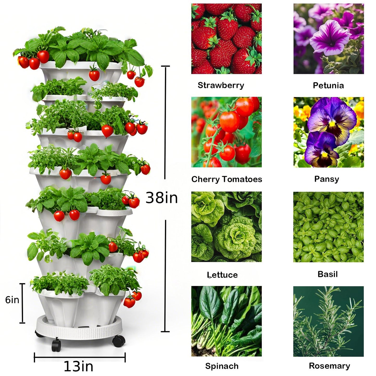 Lykvrii Strawberry Planters, 7 Tiered Vertical Stackable Planter, Herb Stacking Tower Garden, Flower and Vegetable Planters with Support Pole Indoor & Outdoor with Removable Wheels - Dark Grey