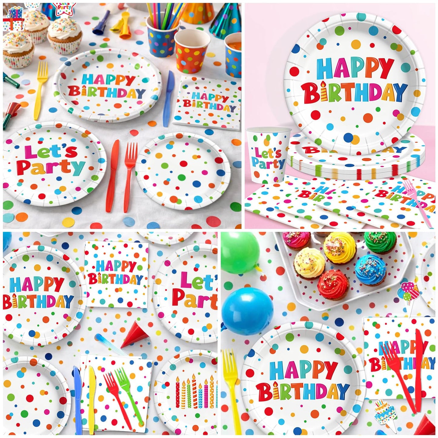195 Pcs Birthday Party Supplies (Serves 24), Happy Birthday Party Dots Design Decorations Include Banner Hanging Plates Napkins Cups Forks Knifes Tablecloth Topper Balloons for Decorations