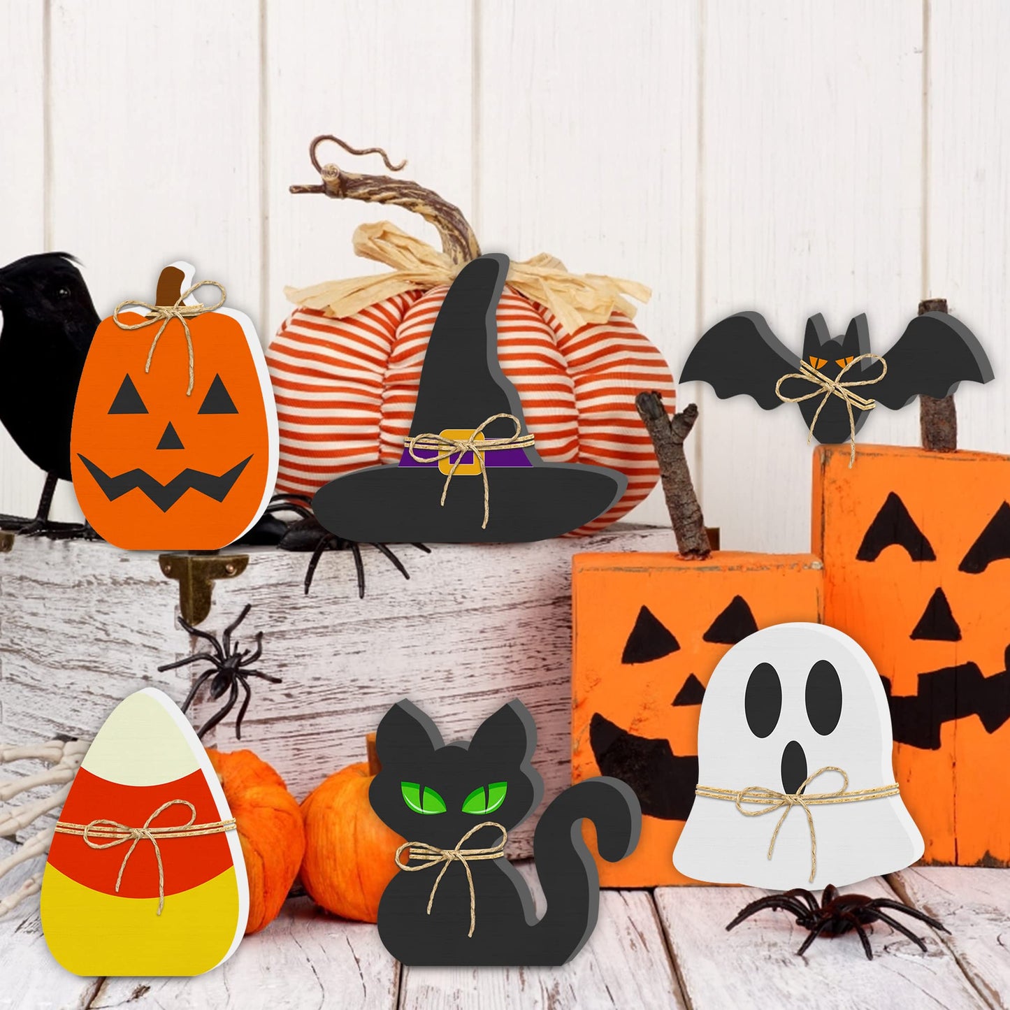 6PCS Halloween Wooden Decor - Halloween Decorations Wooden Signs Include Pumpkin Ghost Bat Black Cat Witch Hat Candy Corn Freestanding Table Signs Tiered Tray Decor for Rustic Farmhouse Home Mantle