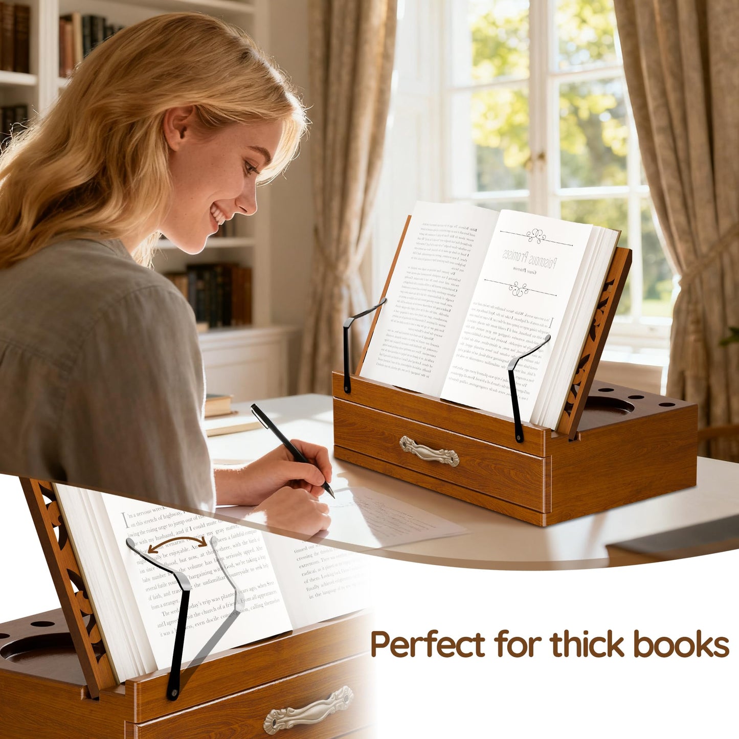 Adjustable Wooden Book Stand with Storage - Multi-Function Hands Free Book Holder for Books, Tablets & Recipes with Cup Slot, Pen Groove & Page Holder - Perfect Kitchen Counter & Gifts for Book Lovers