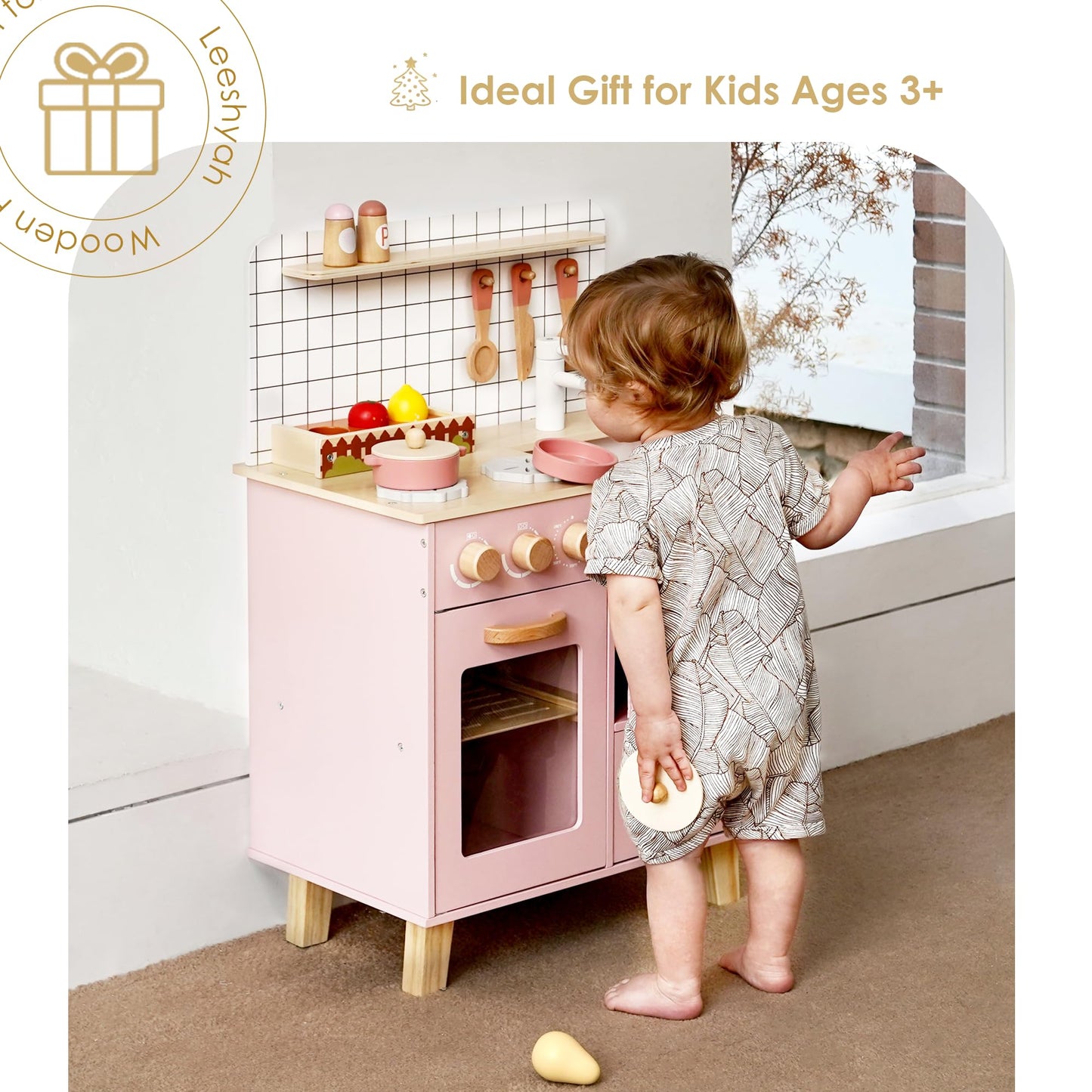 Pink Wooden Play Kitchen with Realistic Features & Accessories, Pretend Cooking Toy for Kids 3+, Ideal Gift for Toddler Boy and Girls