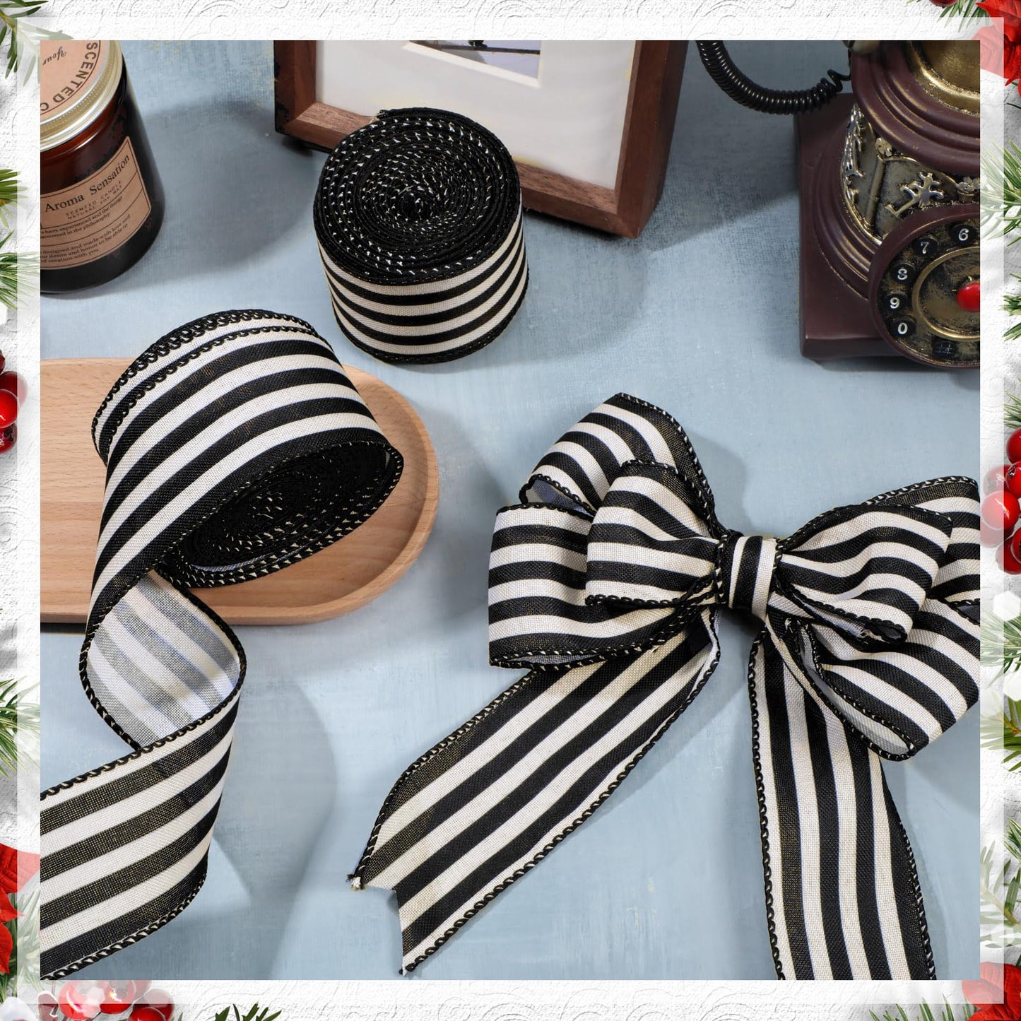 Moukeren 2 Rolls Black and Cream White Stripe Wired Edge Ribbon Halloween Rustic Ivory Boho Black and White Ribbon for Christmas Party Gift Wrapping Bow DIY Craft Home Decor(2.5 Inch, 20 Yard)