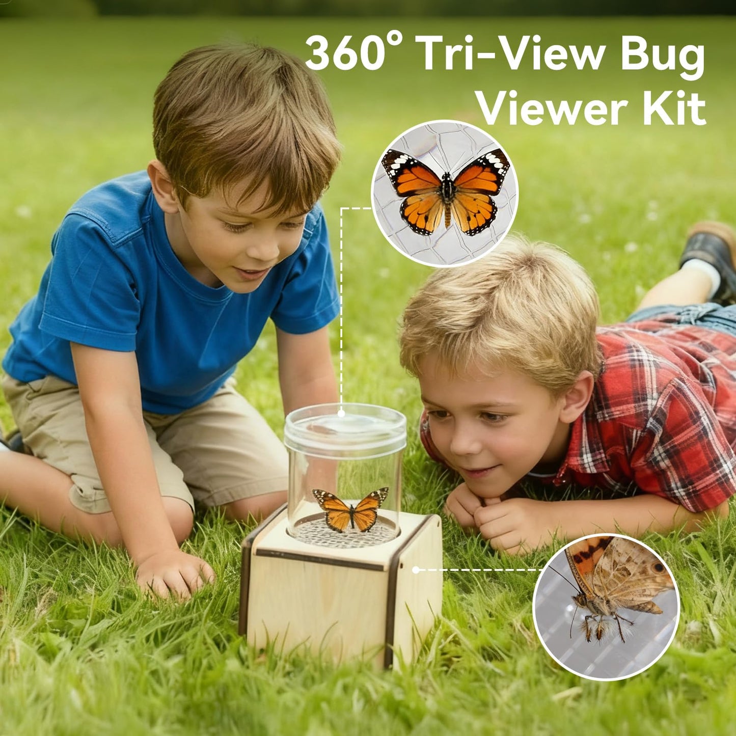 Wooden Bug Catcher for Kids, Tri-View Bug Viewer Kit, Top & Bottom Magnifiers, Insect Observation Container with Tweezers, Ruler & 10 Insect Cards, STEM Outdoor Explorer Toy